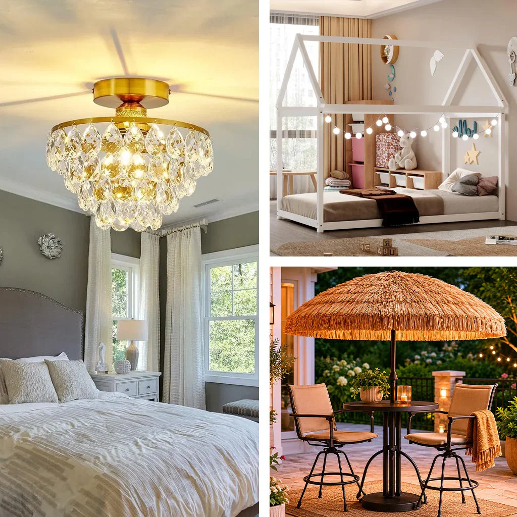 ShipItFurniture collection featuring a crystal ceiling light, children's house bed, and outdoor patio set with umbrella.