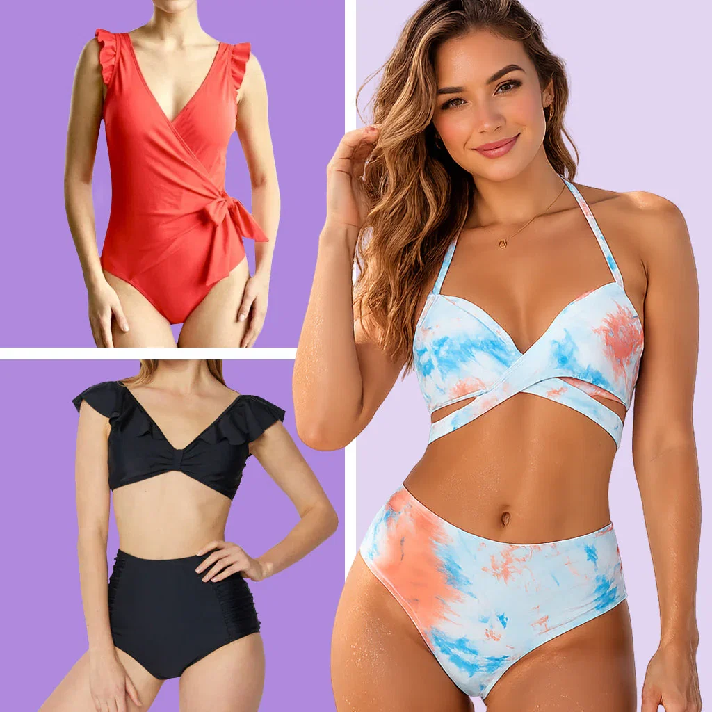 Marina West Swim collection featuring four women modeling swimwear styles including red wrap one-piece, black ruffled bikini top, and tie-dye two-piece set.