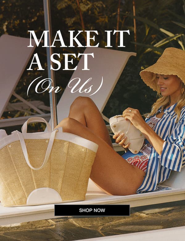 Make it a set (on us). CTA: Shop Now. Model with shelley tote and shelley pouch.