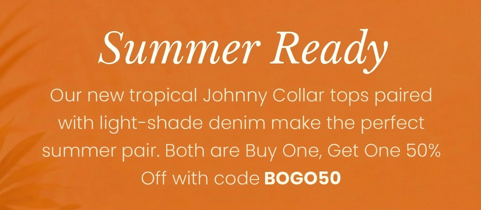 Summer sale: Buy One, Get One 50% off tropical tops and denim with code BOGO50.