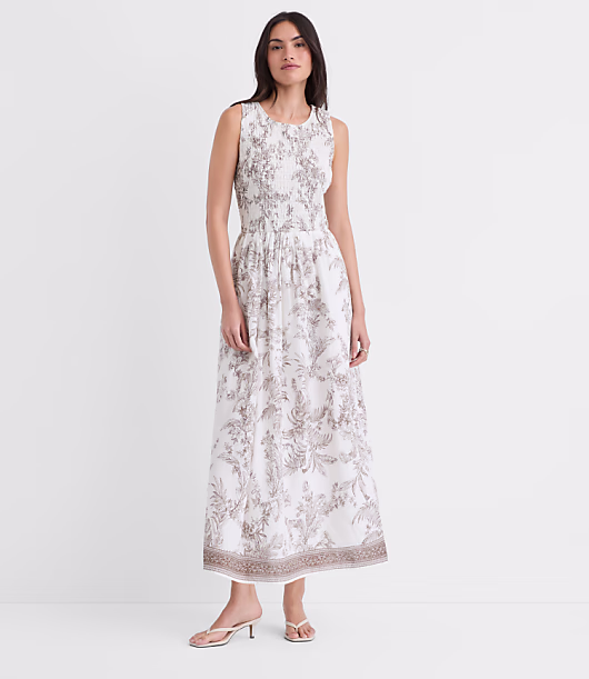 Floral Toile Smocked Midi Pocket Dress