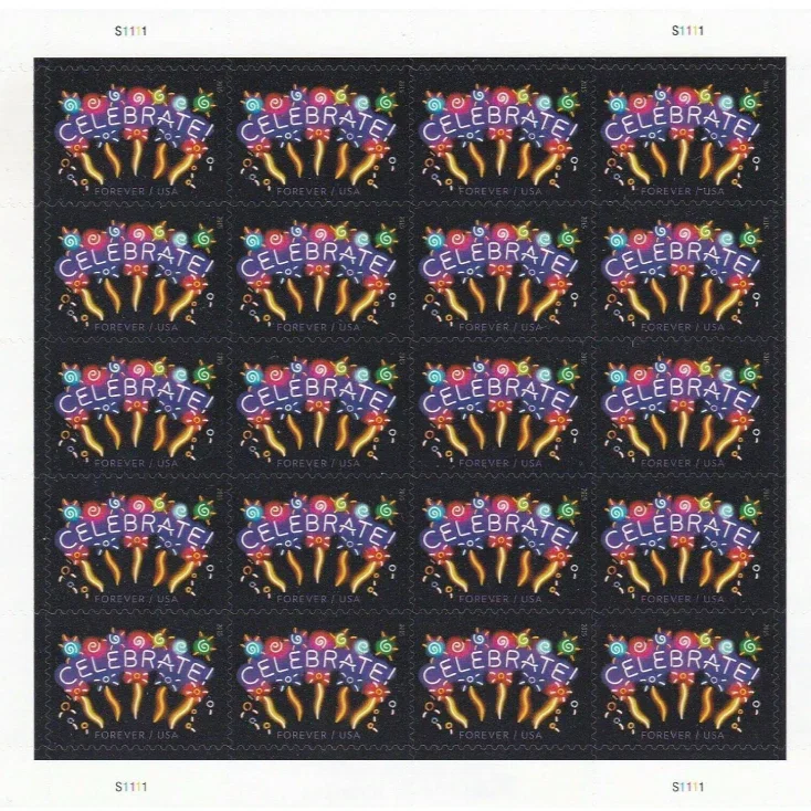 Neon Celebrate! USPS First-Class Mail Forever Postage Stamps - 1 Sheet of 20