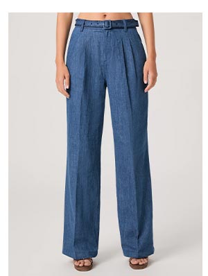 A pair of pleated blue lightweight denim pants with self fabric belt.