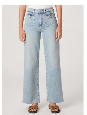 Image of light blue washed denim jeans with placket front pocket detailing.