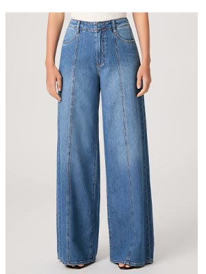 Image of a woman's wearing wide leg medium blue denim jeans.