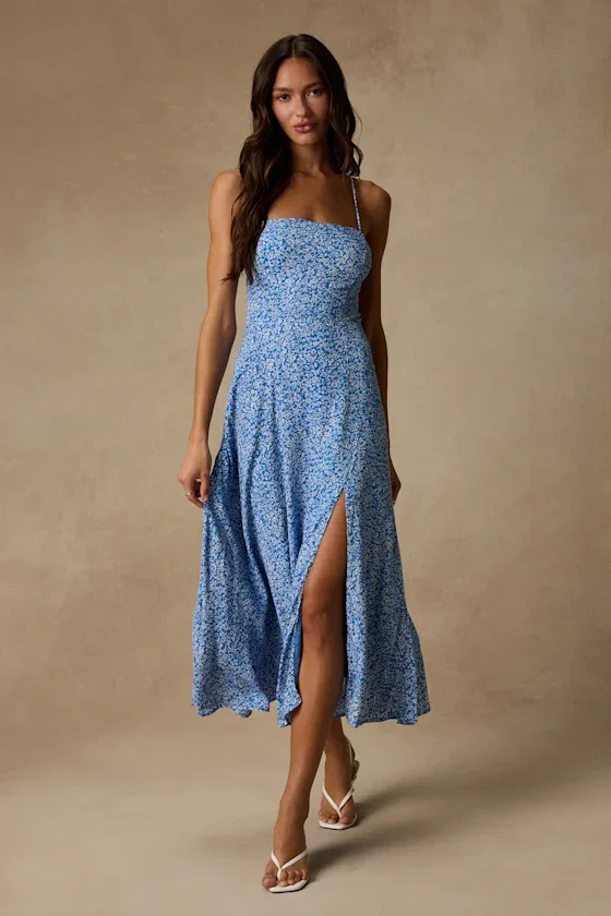 Image of Charming Dedication Blue Floral Sleeveless Lace-Up Midi Dress