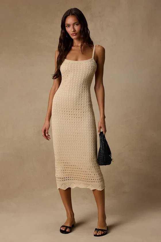 Image of Ventura Vision Beige Crochet Lace-Up Midi Dress