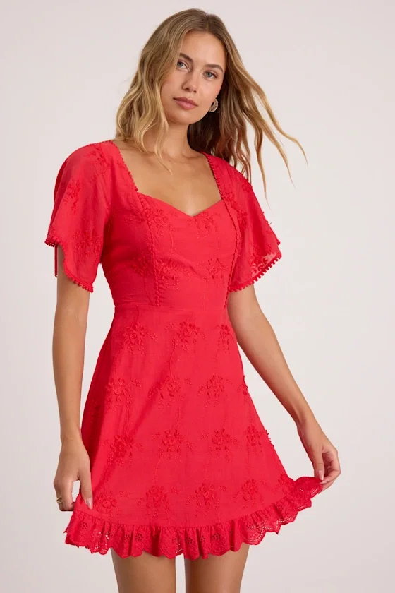 Image of Morning in Mallorca Red Eyelet Mini Dress