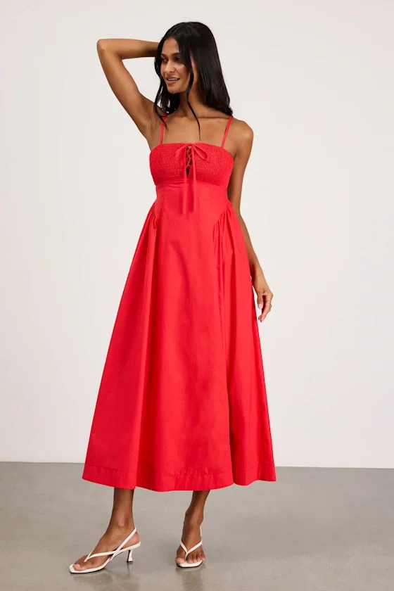 Image of Laylie Red Poplin Lace-Up Midi Dress