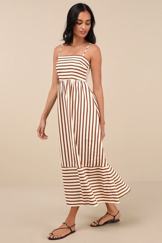 Image of Exceptionally Pristine Brown and Cream Striped Cutout Midi Dress
