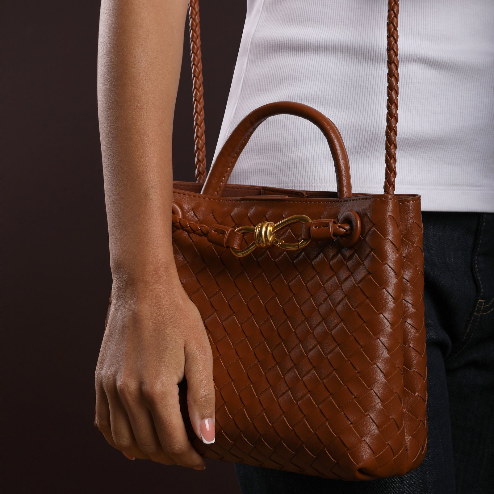 Image of Where's that From | 'Luna' Woven Leather Tote Bag With Gold Detail