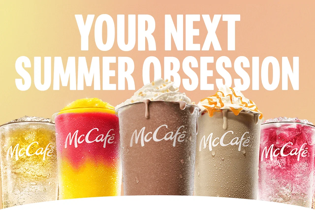 A line-up of McCafé iced beverages. Text on the image reads 'Your next summer obsession'.