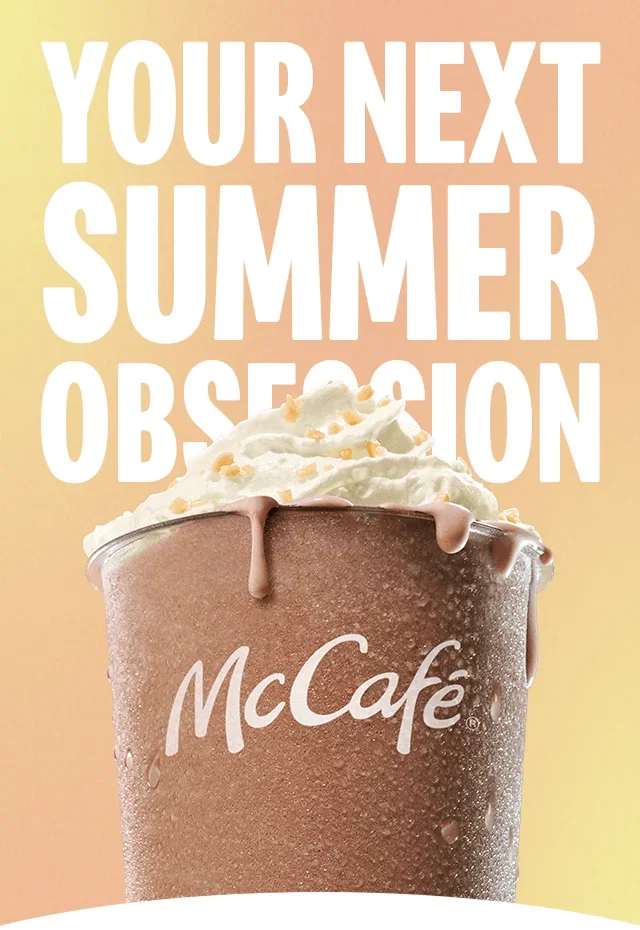 A line-up of McCafé iced beverages. Text on the image reads 'Your next summer obsession'.