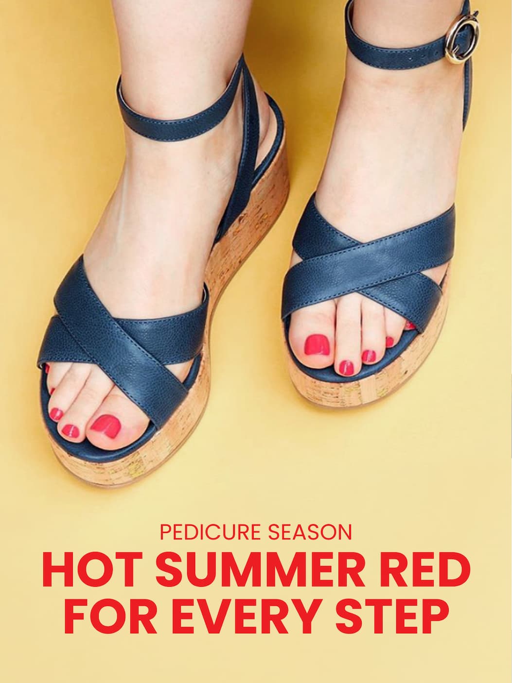 Red pedicure in sandals