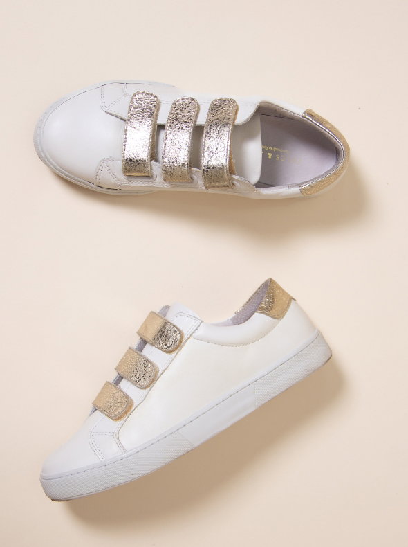 Baskets scratch cuir blanc doré