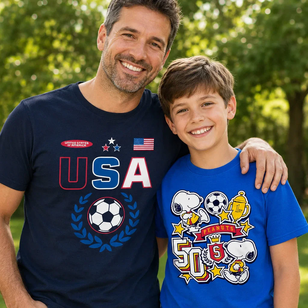 Adult and child smiling outdoors wearing blue shirts with soccer and Peanuts graphics