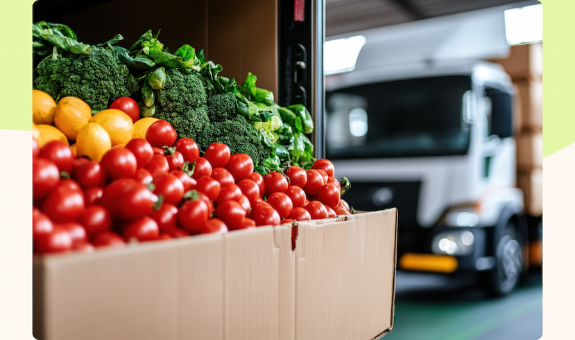 Image of boxed produce in a warehouse with a transport truck in the background.