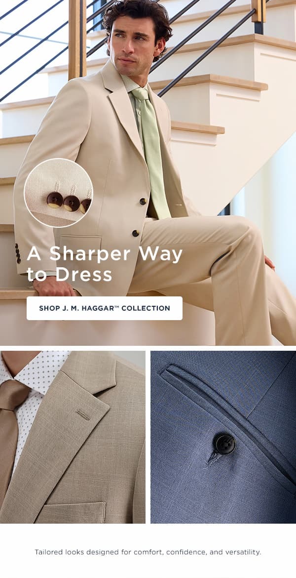 Man poses in the Haggar JMH suit, button says, "Shop J.M. Haggar Collection"