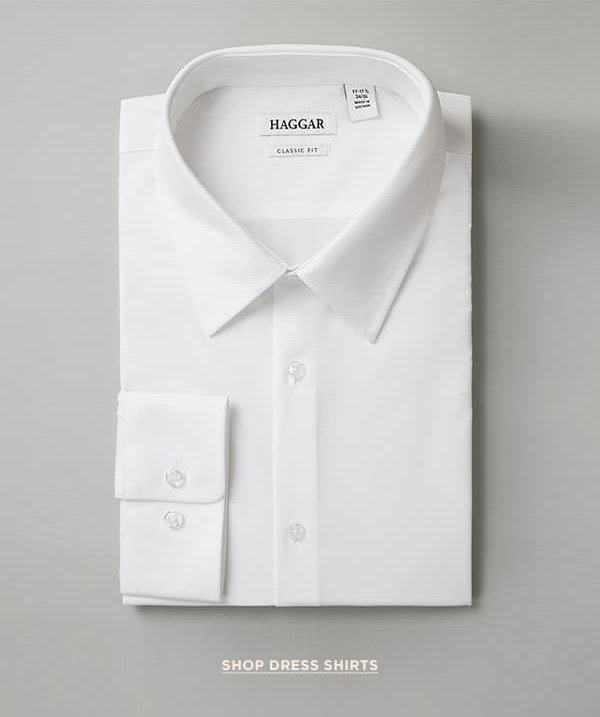 Photo shows a white dress shirt with the button saying, "Shop Dress Shirts"