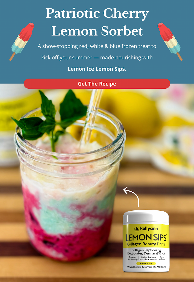 PATRIOTIC CHERRY LEMON SORBET A show-stopping red, white & blue frozen treat to kick off your summer — made nourishing with Lemon Ice Lemon Sips. Get The Recipe 