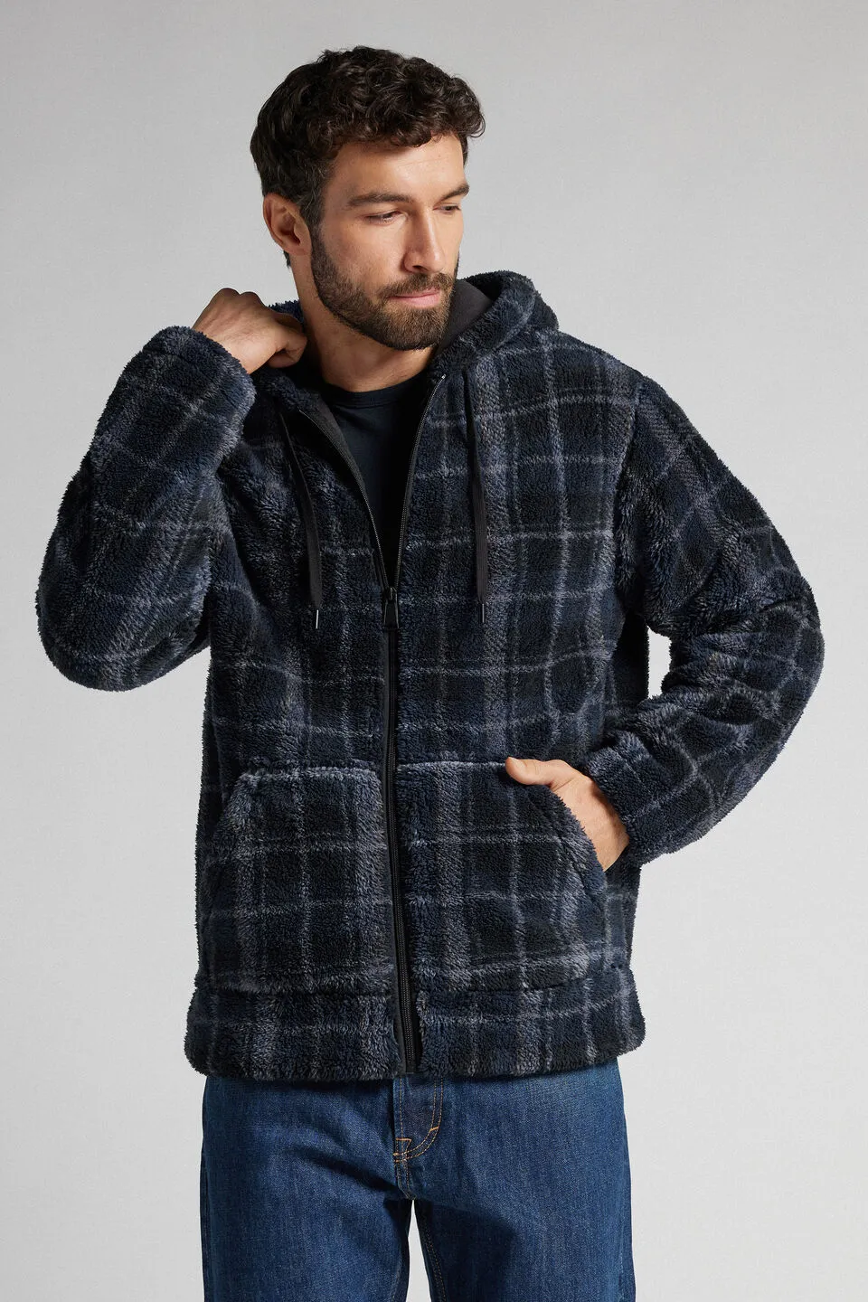 Moletom Com Efeito Soft Com Ziper e Capuz - Azul S/M