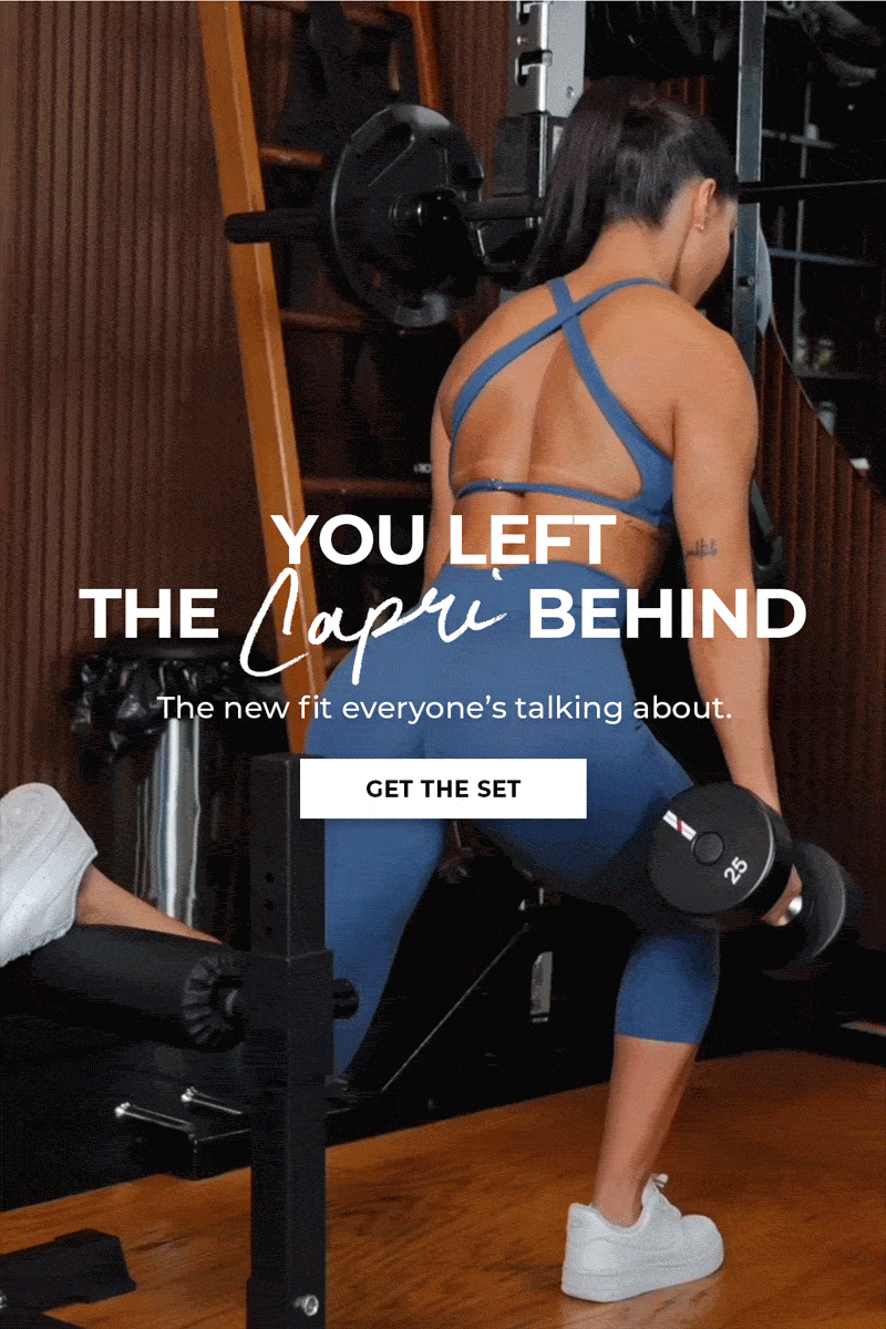 Animated gif of model working out in Lapis Blue Smooth & Sleek set. You left the Capri behind.