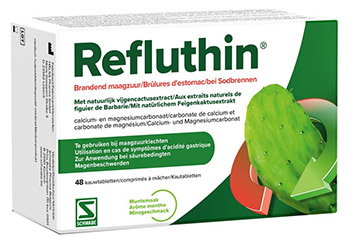 Box of Refluthin antacid chewable tablets (48) in green packaging with cactus illustration, for heartburn and indigestion