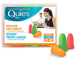 Quies foam earplugs (6 pairs), noise-reducing 35 dB, colourful orange, green and red plugs with retail packaging