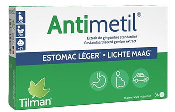 Box of Antimetil stomach-relief tablets with ginger extract, Tilman brand, 36 tablets