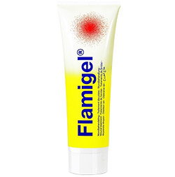 Tube of Flamigel wound-healing gel with yellow label and red burst logo