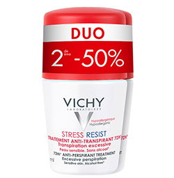 Vichy Stress Resist antiperspirant roll-on duo pack with red promotional band reading 'DUO 2ème -50%'
