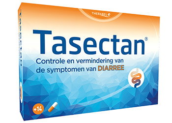 Box of Tasectan diarrhoea-relief capsules, 14-count packaging displaying brand name and wording about controlling diarrhoea symptoms