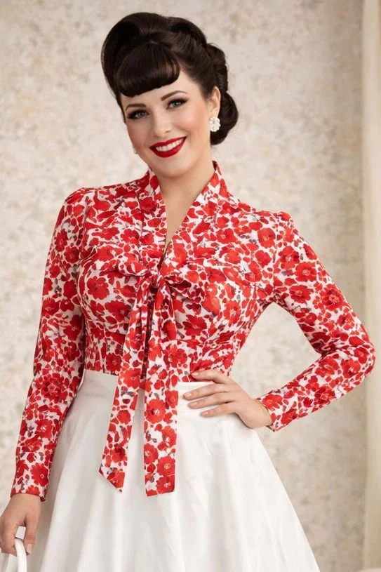 Image of Margaret Red Rose Blouse In White