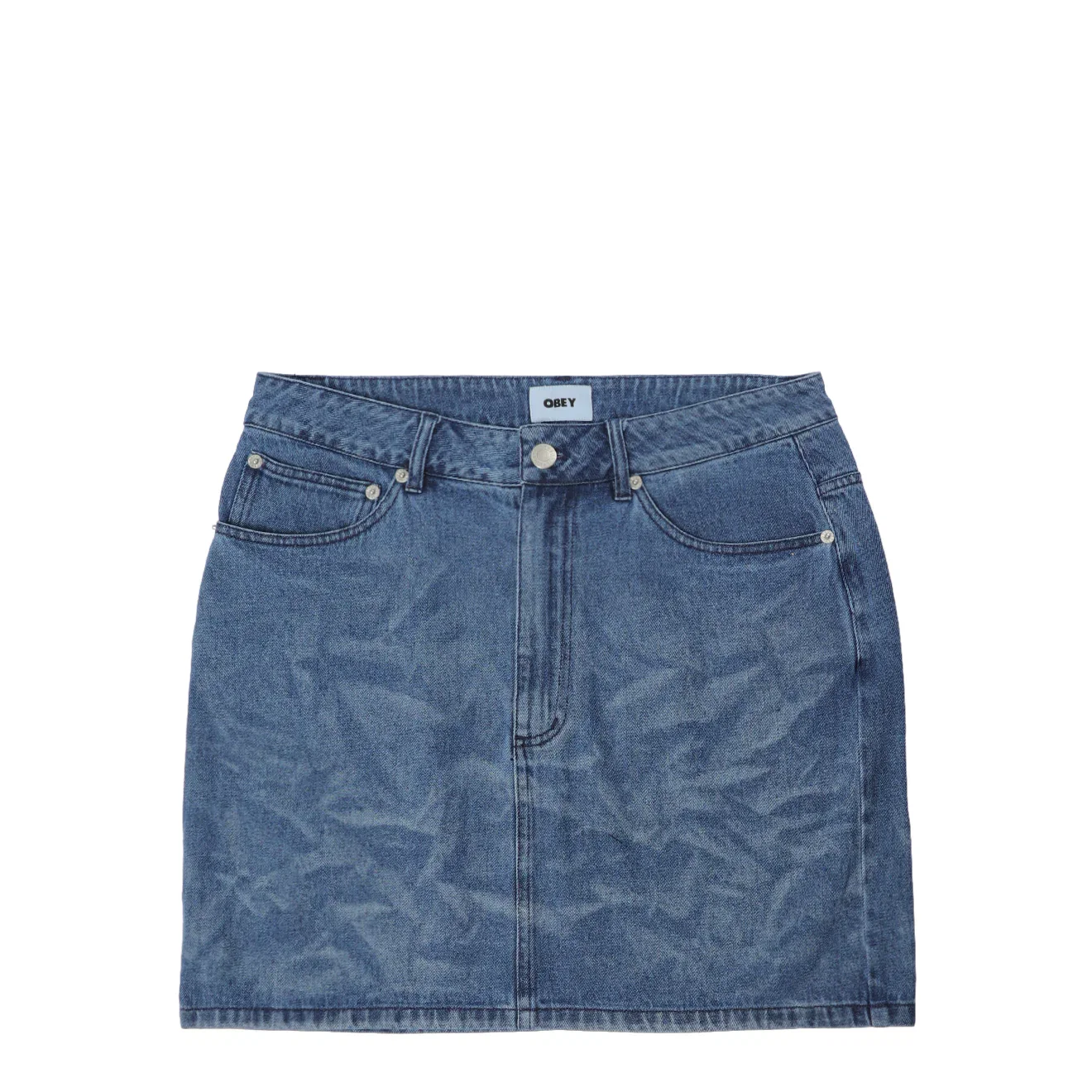 Image of Obey Womens Trinity Wrinkle Denim Skirt Medium Stonewash Indigo Wrinkle