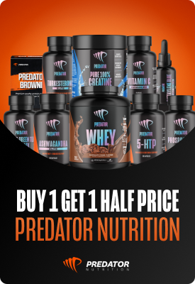 Predator Nutrition supplement range (whey, creatine, vitamins, drops) on orange-black background with 'Buy 1 Get 1 Half Price' promotion