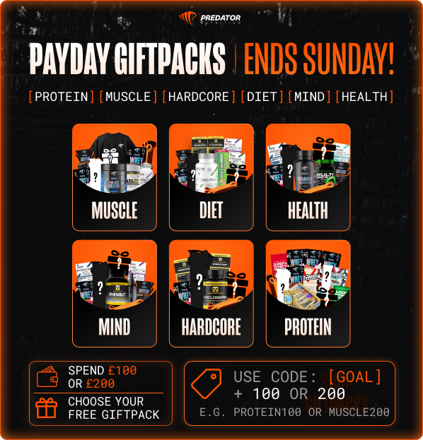 Predator Nutrition promo: 'Payday Giftpacks - Ends Sunday' showing six packs (Muscle, Diet, Health, Mind, Hardcore, Protein) with spend and code details