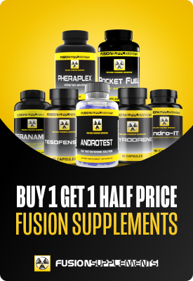 Fusion Supplements promotional poster showing multiple supplement bottles and 'Buy 1 Get 1 Half Price' offer on sports supplements