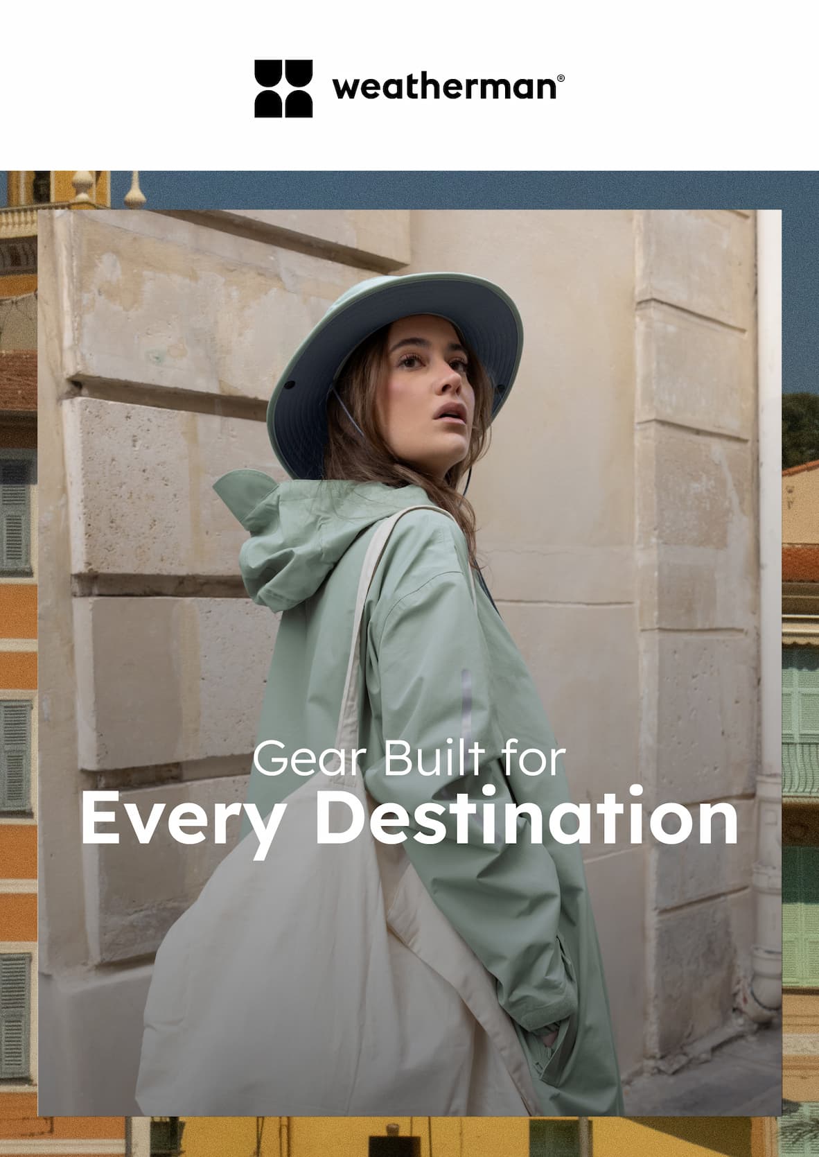 Woman wearing Trek All-Weather Hat and Stride Pullover Poncho in Sage