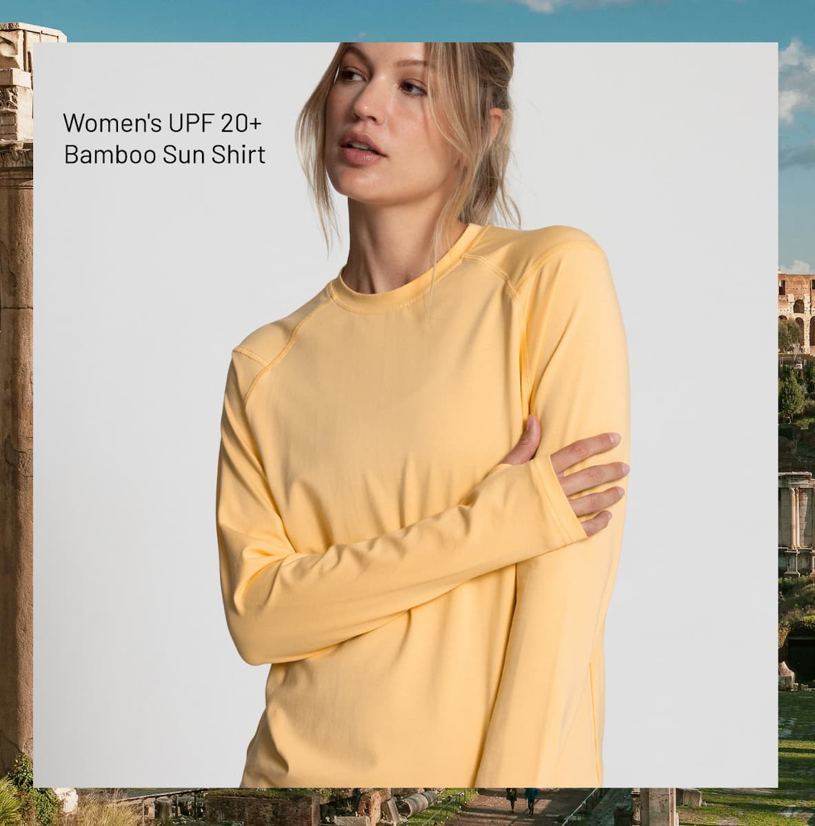 Woman wearing UPF 20+ Bamboo Sun Shirt in Canyon Glow