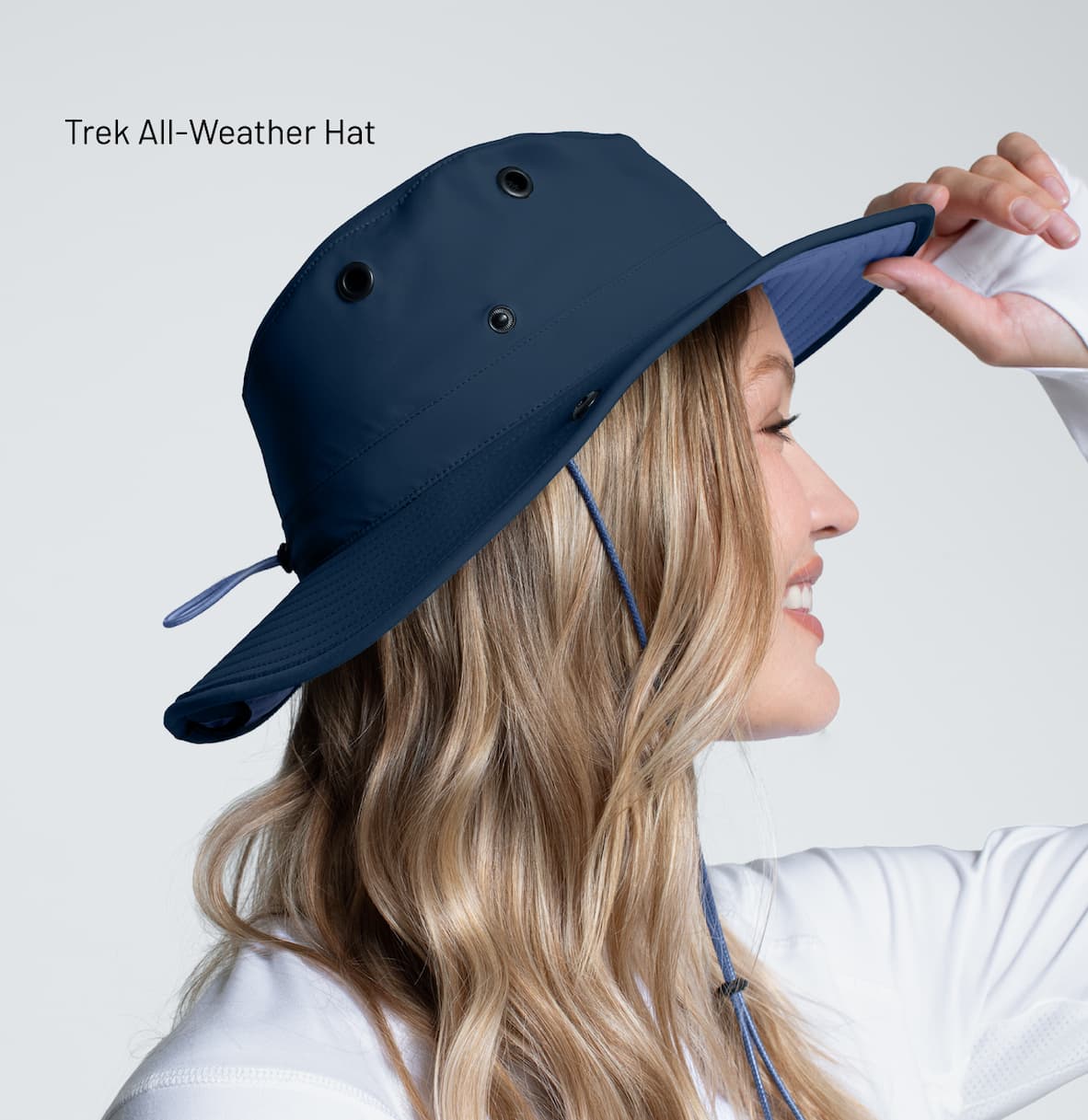 Woman wearing Trek All-Weather Hat in Navy/Steel Blue