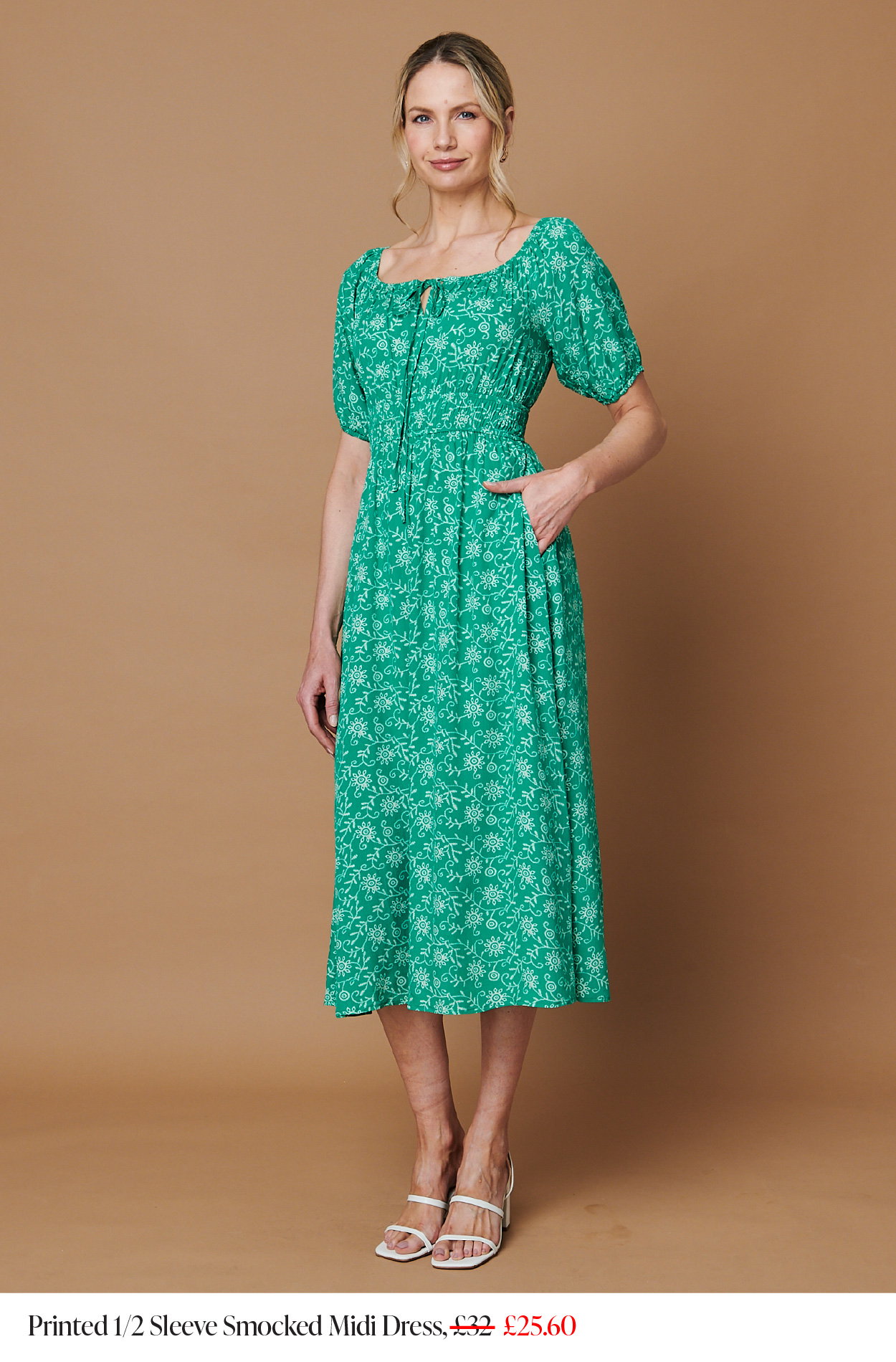 Printed 1/2 Sleeve Smocked Midi Dress | Shop Now
