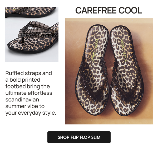 CAREFREE COOL: Ruffled straps and a bold printed footbed bring the ultimate effortless scandinavian summer vibe to your everyday style.
