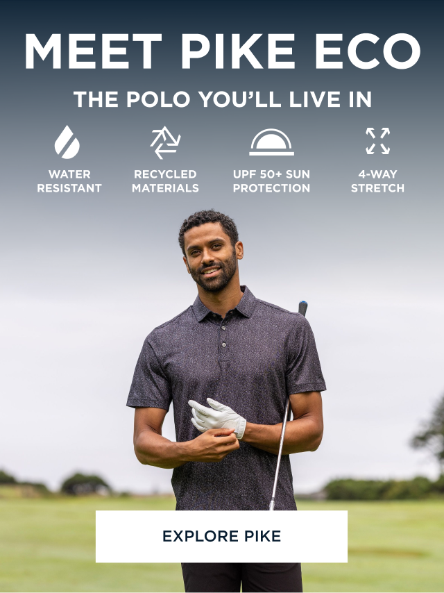 Man smiling in black Fern polo shirt while golfing | Explore Pike
