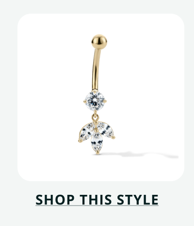 Gold barbell with clear gemstone at the base, dangling a cluster of marquise cut stones. Click here to shop this style