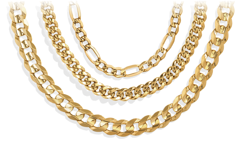 Three yellow gold chain necklaces. 