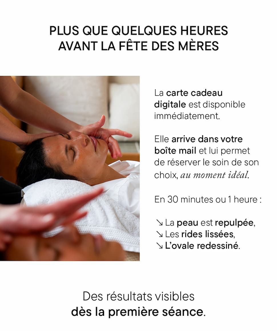 La carte cadeau digitale est disponible immédiatement. La carte cadeau digitale arrive dans votre boîte mail et lui permet de réserver le soin de son choix, au moment idéal. En 30 minutes ou 1 heure, la peau est repulpée, les rides lissées et l’ovale redessiné. Des résultats visibles dès la première séance.