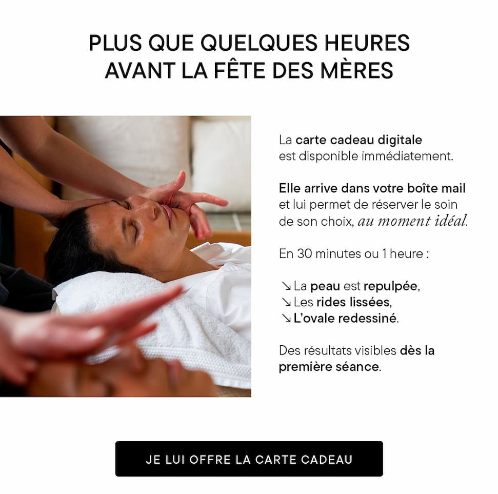 La carte cadeau digitale est disponible immédiatement. La carte cadeau digitale arrive dans votre boîte mail et lui permet de réserver le soin de son choix, au moment idéal. En 30 minutes ou 1 heure,  la peau est repulpée,  les rides lissées  et l’ovale redessiné. Des résultats visibles dès la première séance.