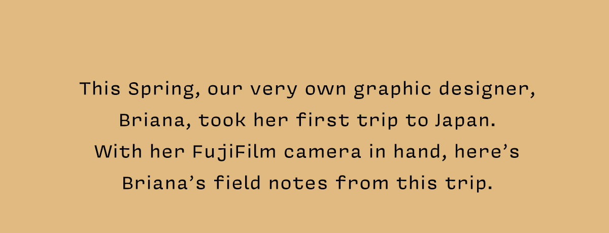 This Spring, our very own graphic designer, Briana, took her first trip to Japan. With her FujiFilm camera in hand, here’s  Briana’s field notes from this trip.