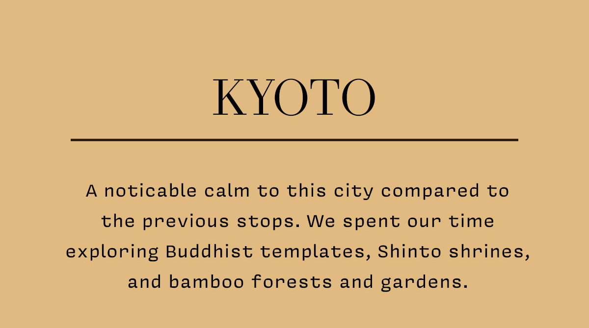 KYOTO A noticable calm to this city compared to the previous stops. We spent our time exploring Buddhist templates, Shinto shrines, and bamboo forests and gardens.