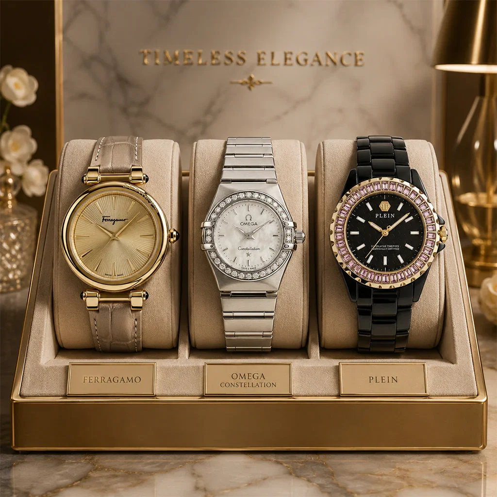 Three luxury watches displayed on beige pedestals: gold Ferragamo, silver Omega Constellation with diamonds, and black Plein with pink gemstones.